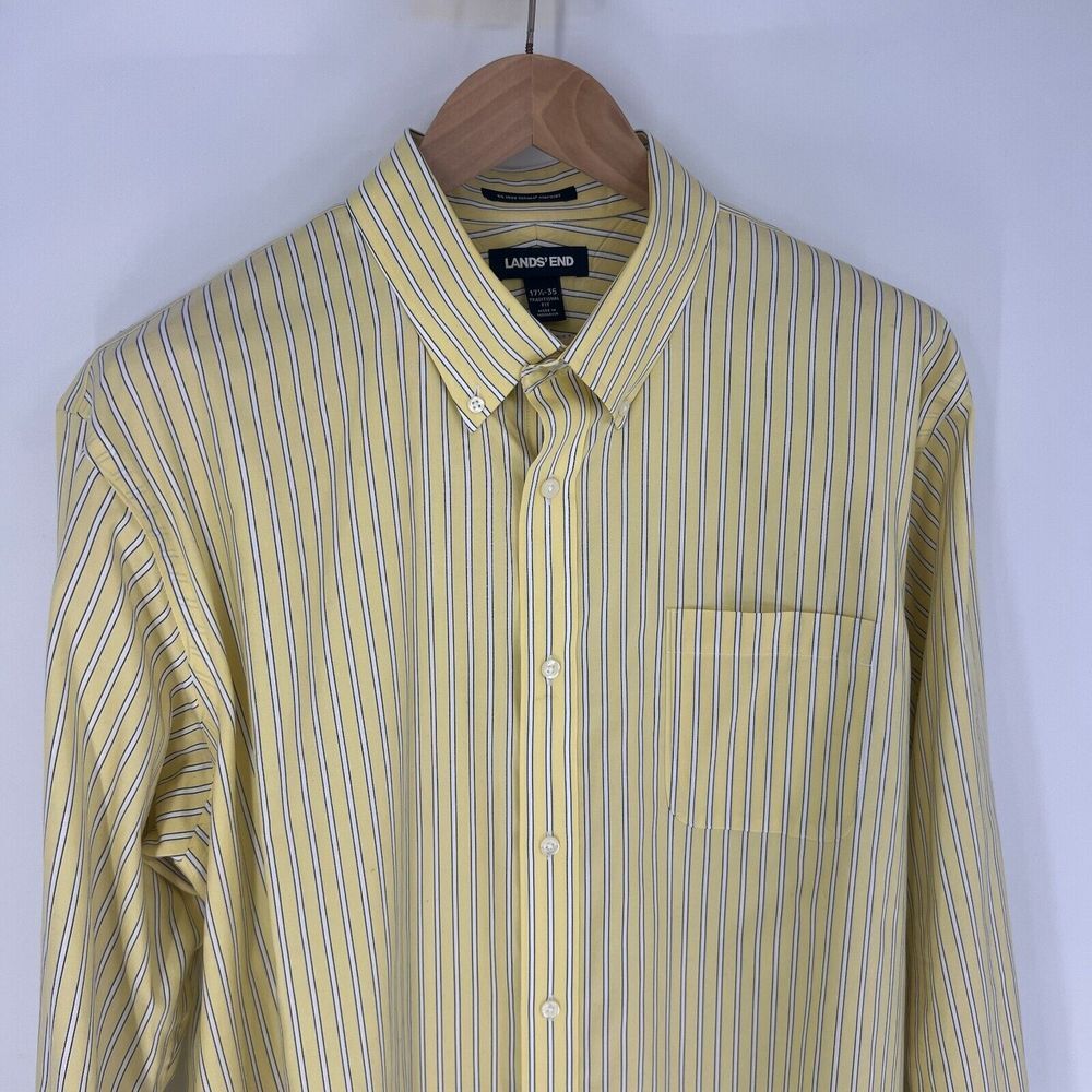 LANDS END Traditional Fit Button Down Dress Shirt Mens 17.5-35 Yellow Pinstripe - Picture 3 of 11